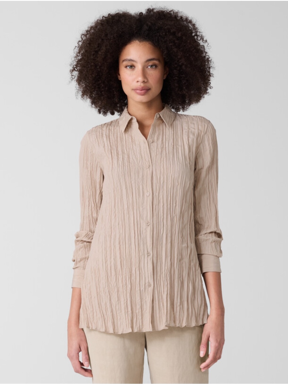 Eileen Fisher Crinkle Silk Habutai Classic Collar Shirt